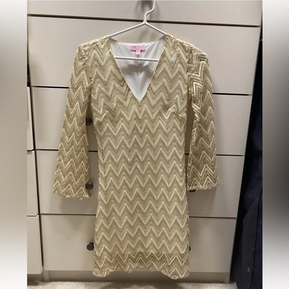 Lilly Pulitzer Shimmer Gold Beige Chevron Dress Size XS